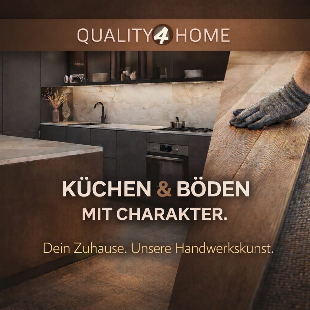 Moderne Küche und Holzarbeit. Text: Küchen & Böden mit Charakter. Dein Zuhause. Unsere Handwerkskunst.